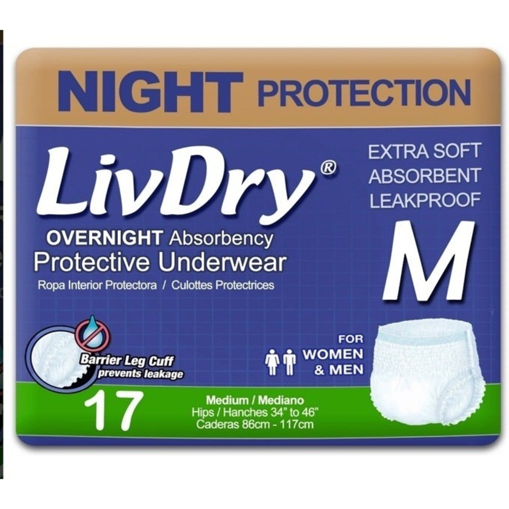 LivDry Overnight Adult Diapers Medium 17 Count Night Protection Underwear New